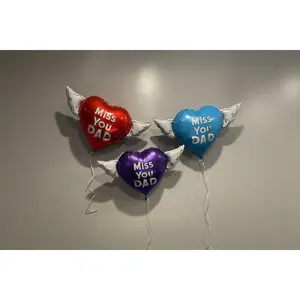 Miss You Dad 17" Memorial Balloon on a Stick – Heart Shaped with Angel Wings Graveside Tribute - 2 Balloons Included