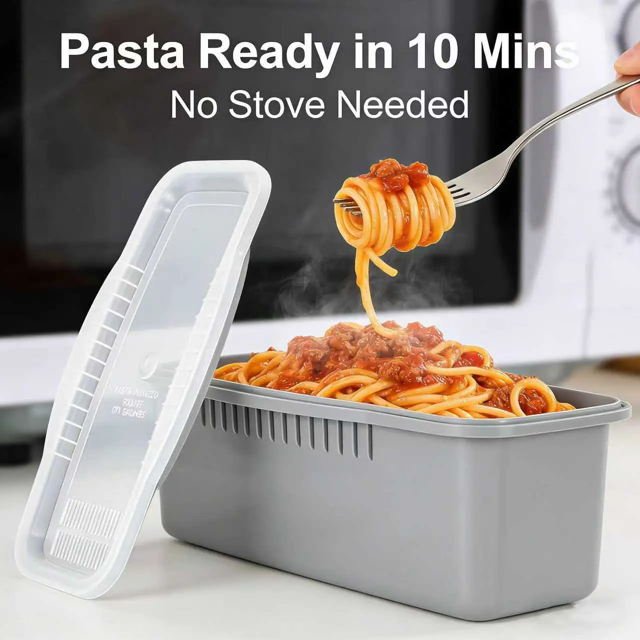 Food Grade Heat-Resistant Plastic Pasta Pot with Steam & Strain Lid - Round Microwave Cover Storage Boxes, Dorm Room Essential Kitchen Organizer for Quick Spaghetti Cooking