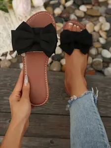 French Elegant Party Fashion Vacation Sexy Polyester Bow Women's Round Toe Slip-On Shoes, Casual Summer Beach Party Sandals