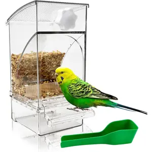 Transparent Acrylic Automatic Bird Feeder – No-Mess Seed Container with Perch, Bird Cage Accessory for Parakeet, Finch, Lovebirds, Budgies & Canary