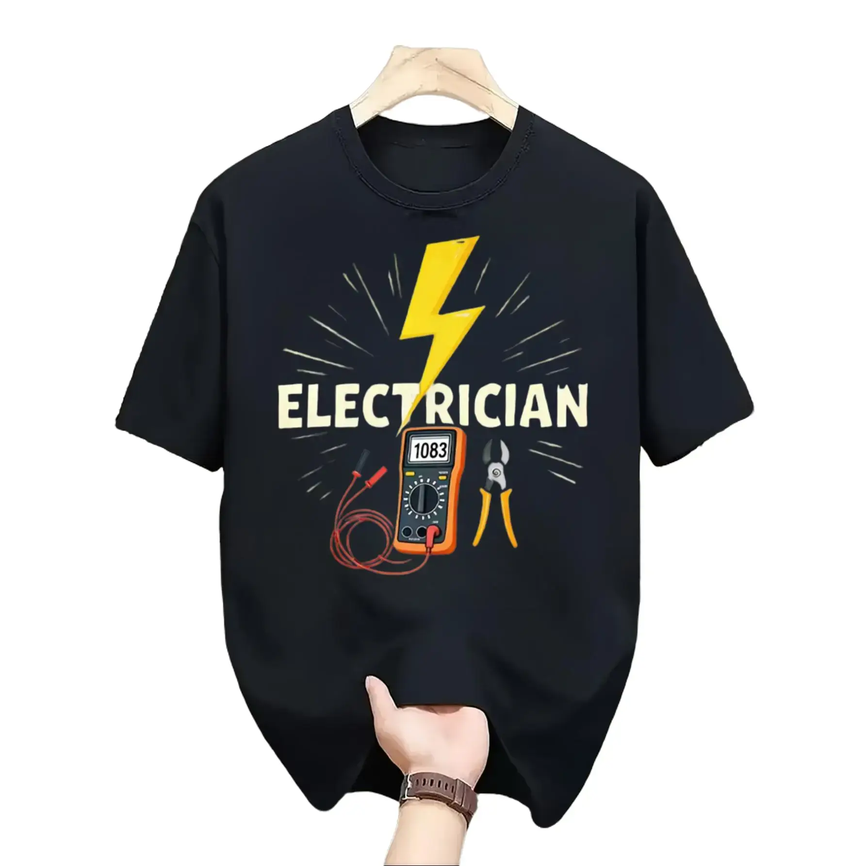 Casual Graphic, Men's T-Shirt, Electrician Lightning Bolt And Multimeter Tool Print, Summer Daily Wear, Gift For Electrician Or Technician