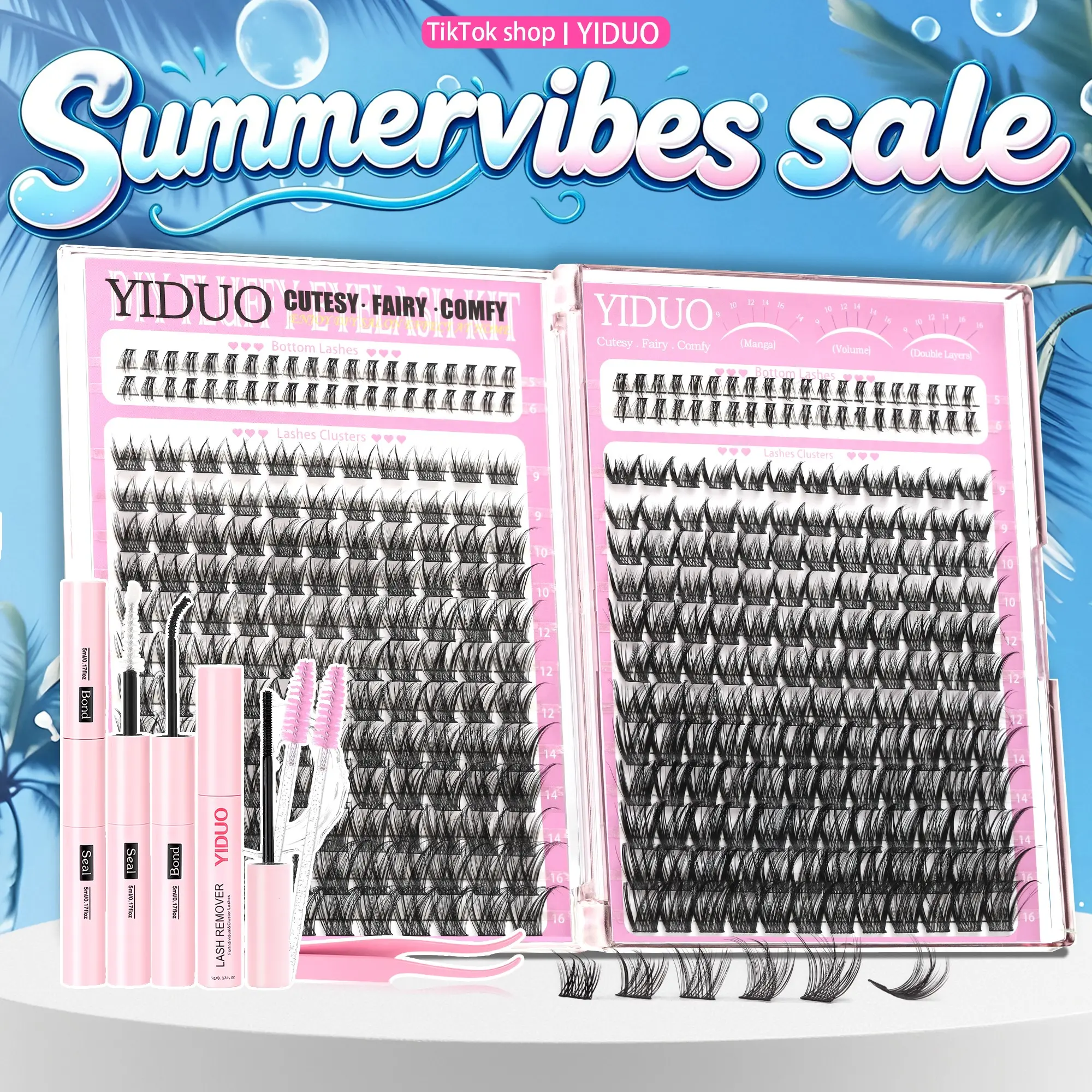 YIDUO Eyelash Cluster Kit, False Eyelashes Kit, 3 Styles: Fairy, Wispy & Bottom Lashes, 5–16mm D-Curvature Individual Eyelash Extensions Kit With Lash Bond and Seal, Remover, Tweezers & Eyelash Brush, Easy DIY at Home