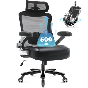 500LBS Big and Tall Office Chair With 3D Flip-Up Armrest, Heavy Duty Executive Computer Chair with Adjustable Lumbar Support & Headrest, Extra Wide Seat Chair for Home Office
