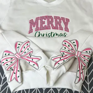 Pinky Merry Christmas Side Bow Embroidered Sweatshirt, Glitter Christmas Sweatshirt, Side Bow Applique Hoodie, Christmas Bow Shirt, Holiday Apparel