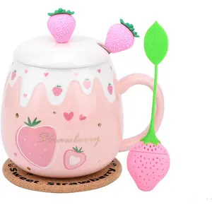 450ML Pink Kawaii Strawberry Ceramic Mug - Reusable Korean-Style Cup with Cover, Spoon, Strainer, Washable Kitchenware Drinkware, Women's Gift for Coffee, Tea