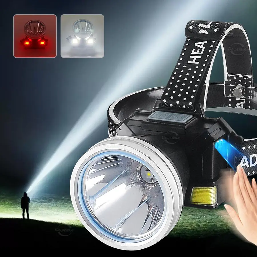 Rechargeable Headlamp, Waterproof Headlamp with Sensor Switch, Portable Outdoor Headlight for Camping Hunting Work Fishing, Super Bright Light, USB Rechargeable Headlamp