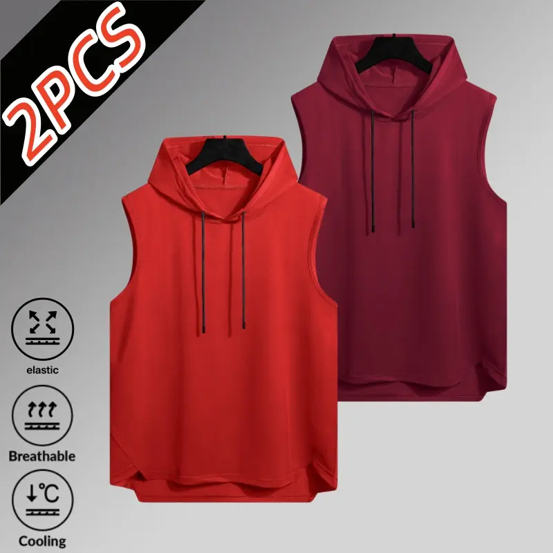 Men's 2pcs Athleisure Hoodies - Ice Silk Polyester Sleeveless Activewear Athletic Tops, Breathable Quick-Drying Highly Elastic Skin-Friendly, Drawstring Hood, Black + Army Green, for Summer Running Fitness Sohochic