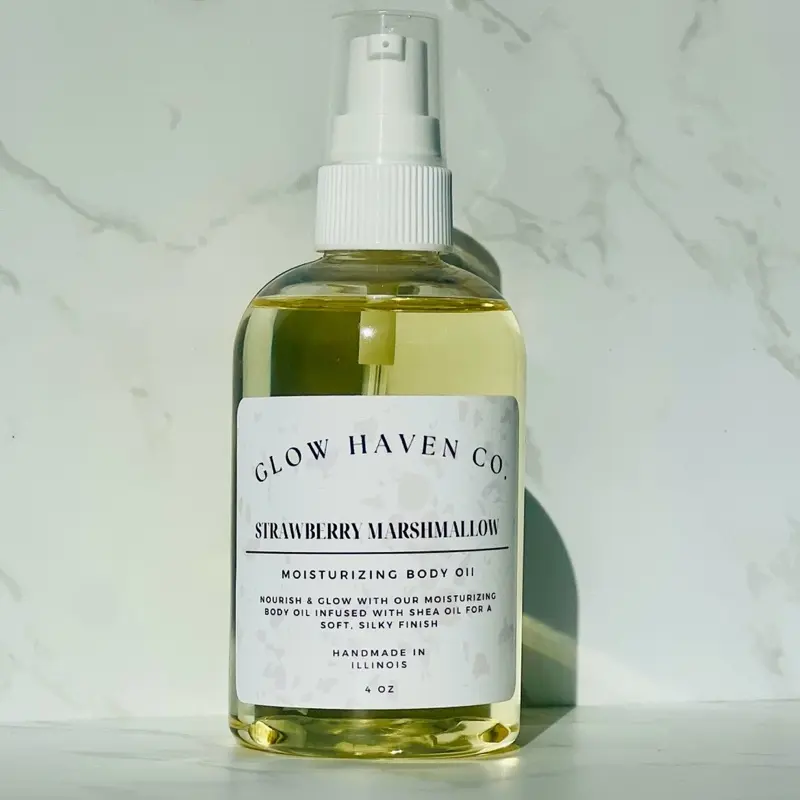 Glow Haven Co. Strawberry Marshmallow Body Oil | Sweet Strawberry, Fluffy Marshmallow & Whipped Vanilla | 4 oz Moisturizing Formula Infused with Shea Oil Scent Silky