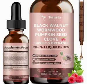 Totaria 20 in 1 Black Walnut Wormwood Tincture - Clove,Pumpkin Seed,Garlic,Oregano,Berberine - Gentle Gut Cleanse & Digestive Health - Alcohol-Free,Gut-Friendly -Raspberry Flavor - 2FL