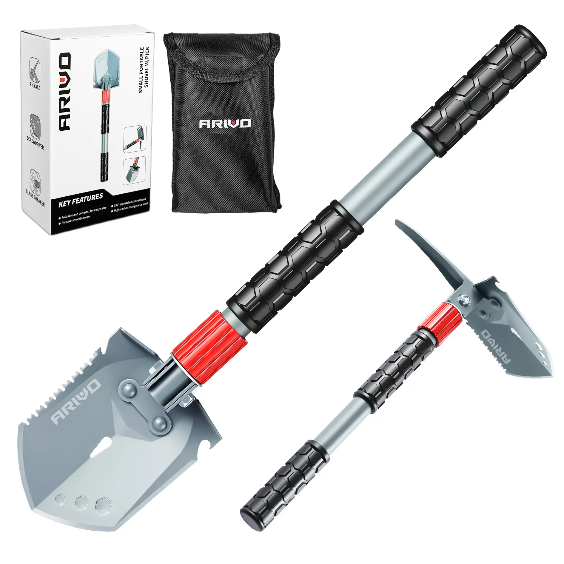 ARIVO Small Portable Folding Survival Supplies with Pick for Camping, Car Emergency, Anticorrosion Coat, Forged Steel Head, Adjustable Angle Locking System, Textured Handle, Survival Equipment, Heavy Duty Survival Shovel Durable Outdoor Tool,