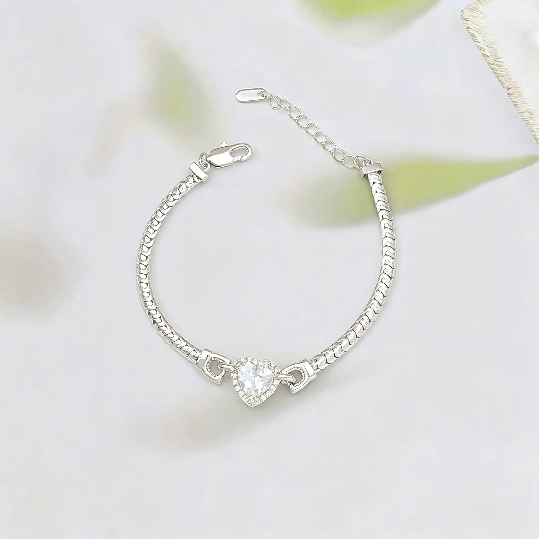 925 Sterling Silver Heart Bracelet for Women - Dainty Cubic Zirconia Snake Chain, Adjustable & Lightweight for Daily Wear