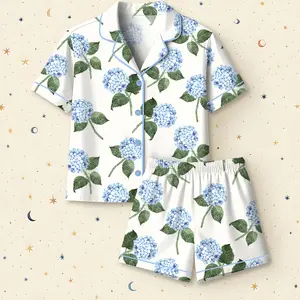 Women’s Hydrangea Bloom Blue Hydrangea Watercolor Flower Short Sleeve Satin Pajama Set, Long Sleeve Satin Pajama Set