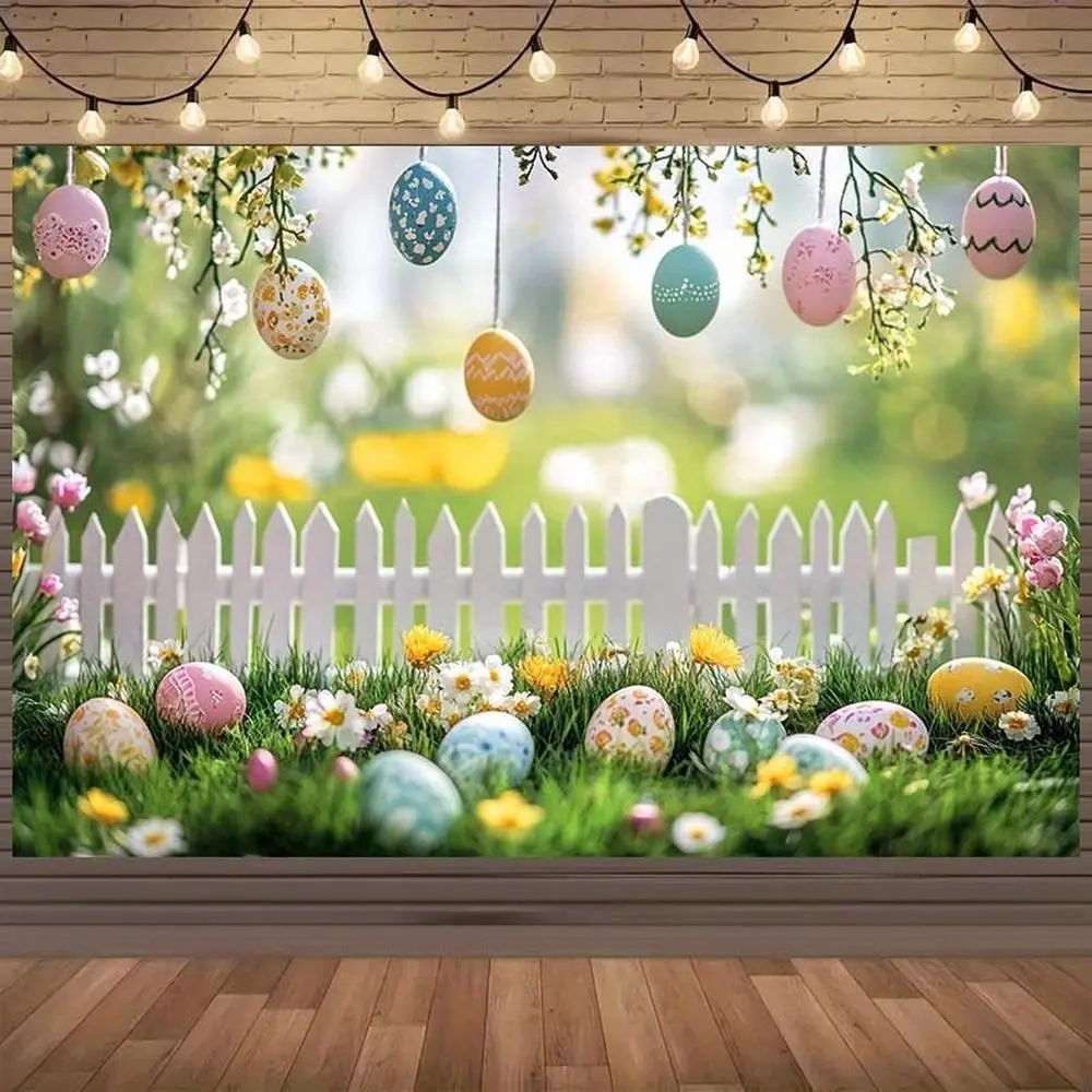 1PC 2D Flat Polyester Easter Backdrop Banner - Grass, Easter Eggs, White Fence Ornaments, Reusable for Photography, Birthday & Festive Party Home Supplies Wall Hanging,summerwins
