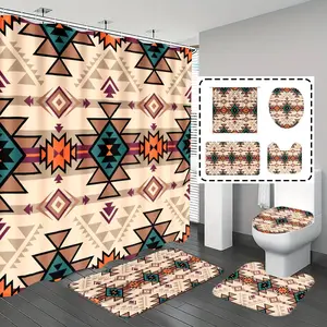 [Popular Choice]1pc/4pcs, bathroom curtains shower, bathroom set, shower curtains, bathroom rug, home decoration, bathroom mat, geometric patterns, Bohemian theme decoration, bathroom set, with 12 hooks.