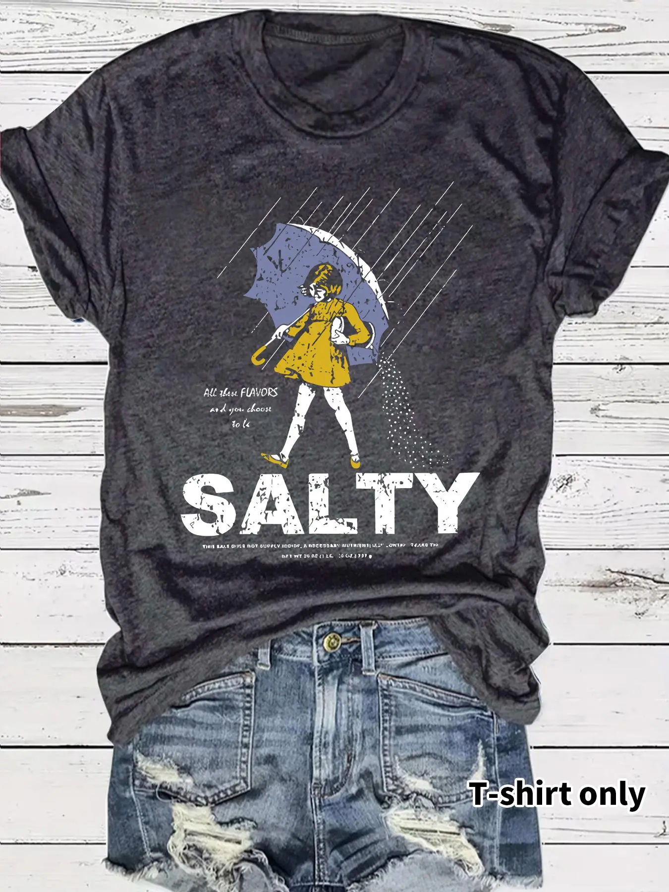 Women's Umbrella & Sality Girl Print Round Neck Tee, Vintage Trendy Casual Chic Streetwear Lightweight Knit Fitted Short Sleeve T-shirt for Daily Wear, Everyday, Ladies Summer, Top, Apparel, Womenswear