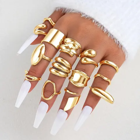 14-Piece Chunky Alloy Ring Set for Women, Electroplated Dome and Open Band Stacking Styles