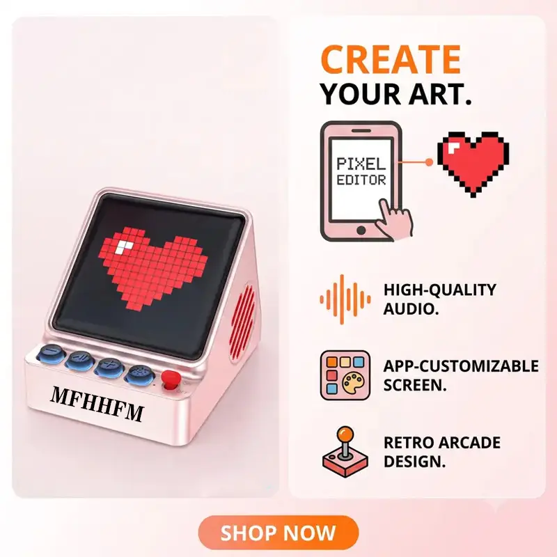 Wireless Bluetooth Speaker with Custom Pixel Display | DIY Animated Screen via App | Loud Sound with Deep Bass | Cool Gamer Room Decor & Unique Gift Idea | Black White Pink Optional