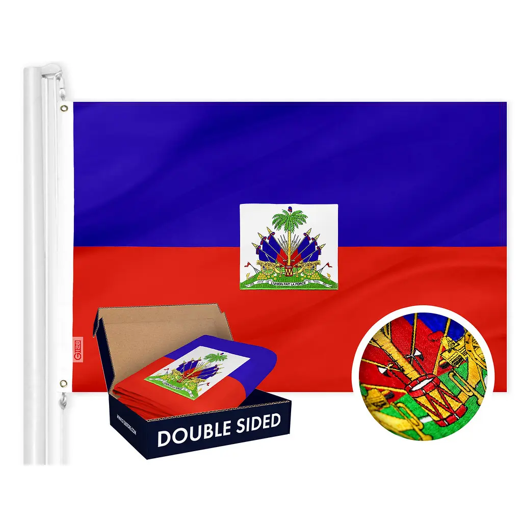 G128 Haiti (Haitian) Flag | 3x5 feet | Double Sided Embroidered 210D Indoor/Outdoor, Brass Grommets, Heavy Duty Polyester