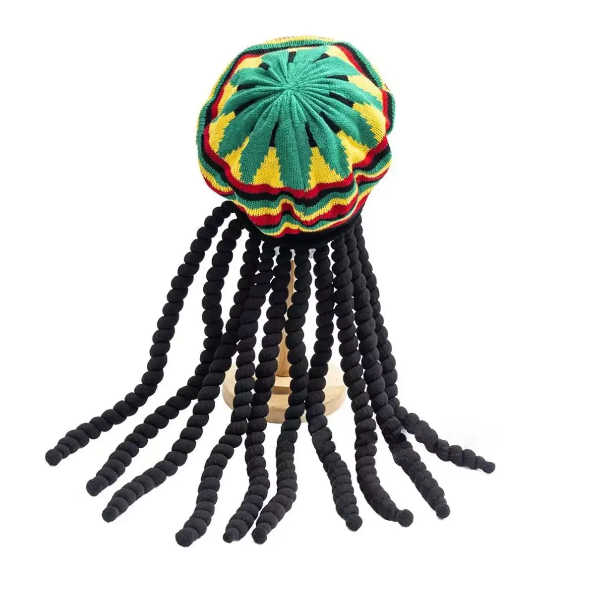 Halloween reggae hat, dreadlock wig hat, reggae Jamaican style Rasta hat, crocheted knit beret, long black hair Halloween costume