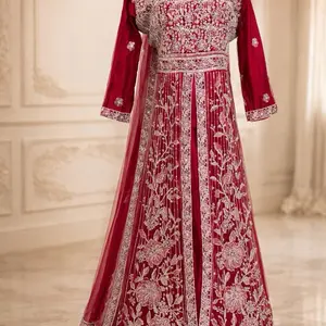 Farasha Lu Zella Premium Formals Carmine Allure Embroidered Anarkali Suit with Floral Motifs and Elegant Design