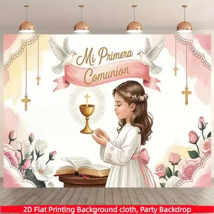 My first communion party background banner, white rose and pigeon prayer background, polyester material, suitable for first communion parties, weddings, baptisms, birthday party decoration, Party Decoration Supplies