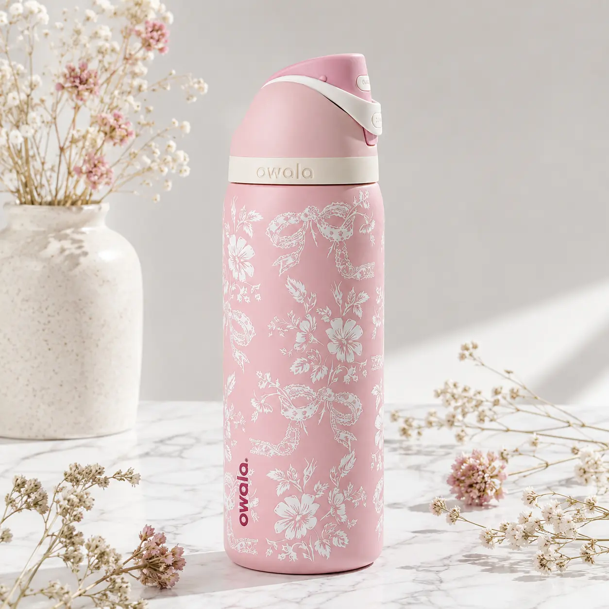 Owala 32oz Pink Floral Stainless Steel Water Bottle with Straw, Flip Lid & Carry Loop