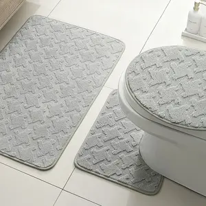 3-Piece Plush Embroidered Geometric Striped Microfiber Bathroom Rug Set, Non-Slip Knitted Rectangular Bath Mat, Soft Durable Home Decor