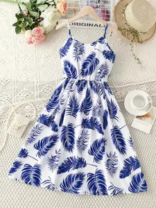 Girls Summer Leaf Print Sleeveless Dress, Casual Elastic Polyester Blend, Shoulder Cut Out, Knee-Length, Perfect for Parties and Beaches