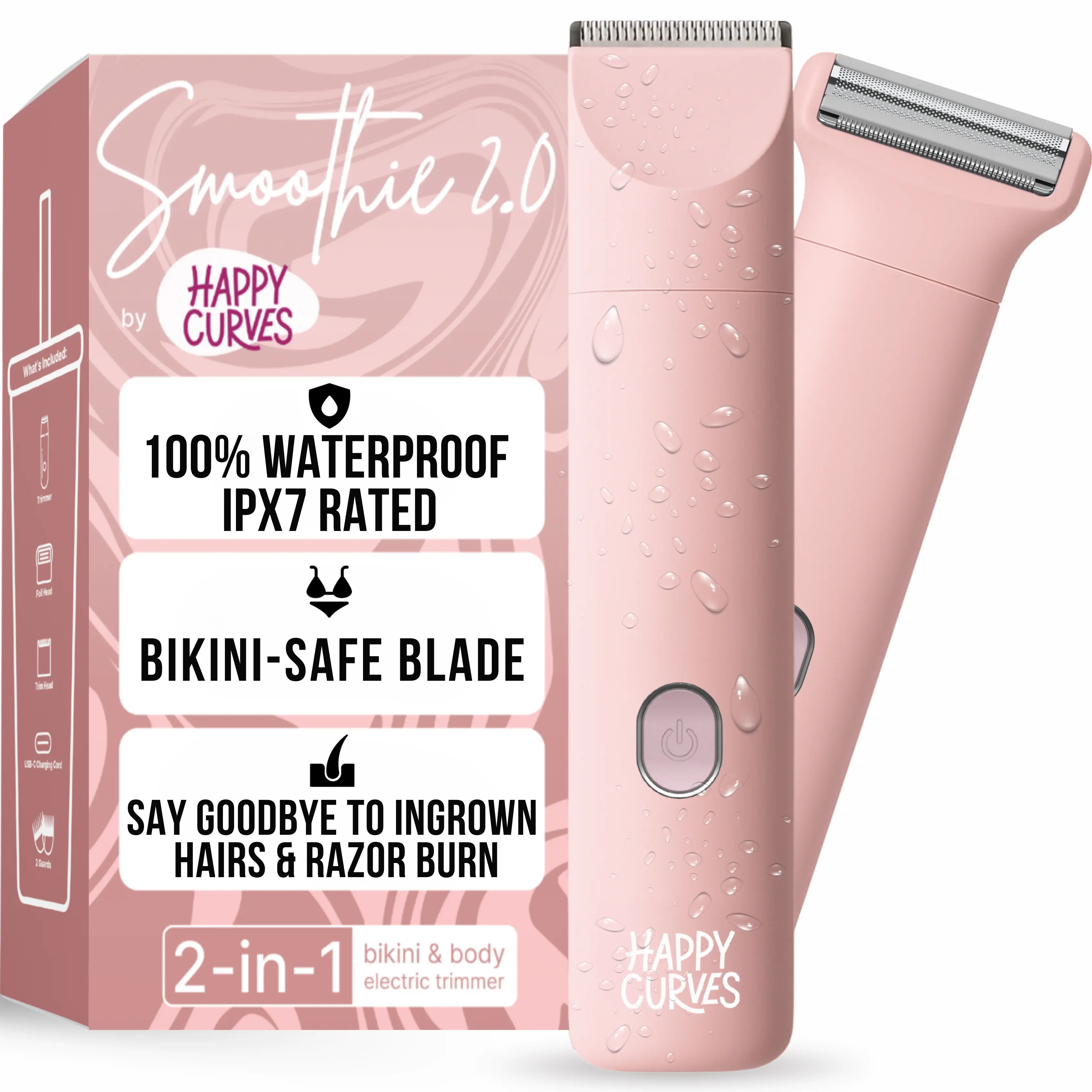 HAPPY CURVES Smoothie 2.0 Bikini Trimmer - Electric Razor for Women, Waterproof Hair Groomer with Adjustable Guards, Personal Shaver for Pubic Hair, Ladies Intimate Shaver and Body Trimmer