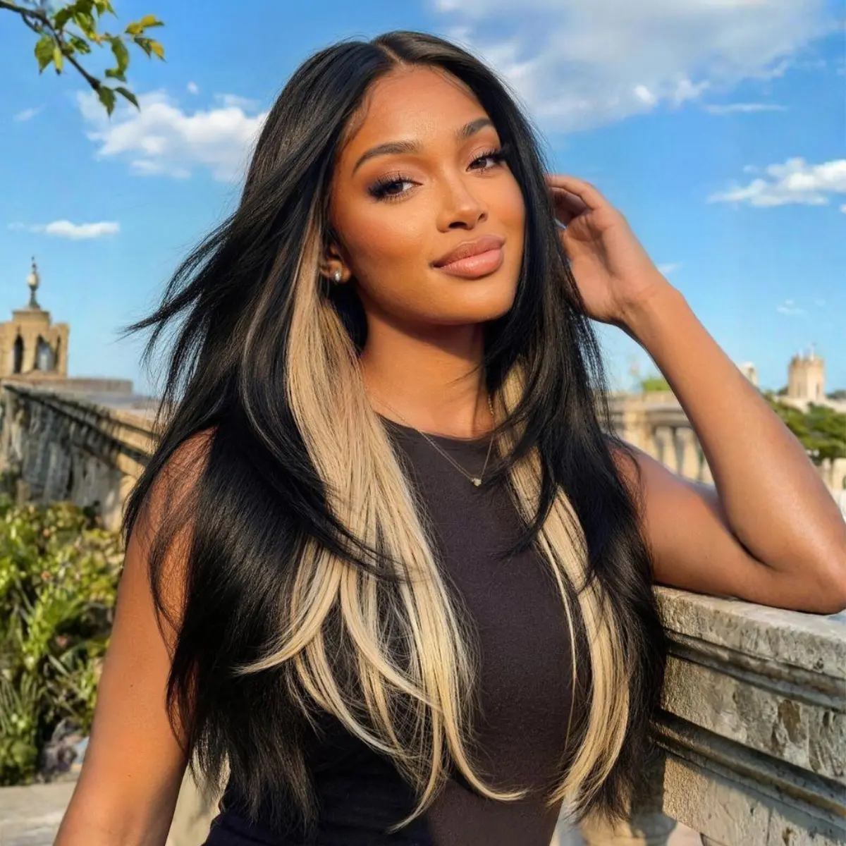 UNice Byebye Slip Black with Blonde Peekaboo Highlights Layer Straight Wigs Glueless 7x5 HD Human Hair Wigs with Invisible Drawstring Summer Wigs for Beginners