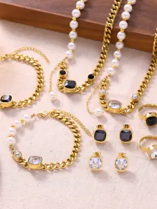 Zircon Pearl Beaded Chunky Chain Jewelry Set Necklace Bracelet Ring Earrings, Fashionable Accessory Collection for Women