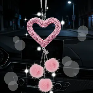 Heart-Shaped Rhinestone Fur Ball Car Mirror Ornament, Car Hanging Decoration, Car Accessory, Options, Sweet Fashion Bag Charm, Girl Gift, Girly Car Accessories