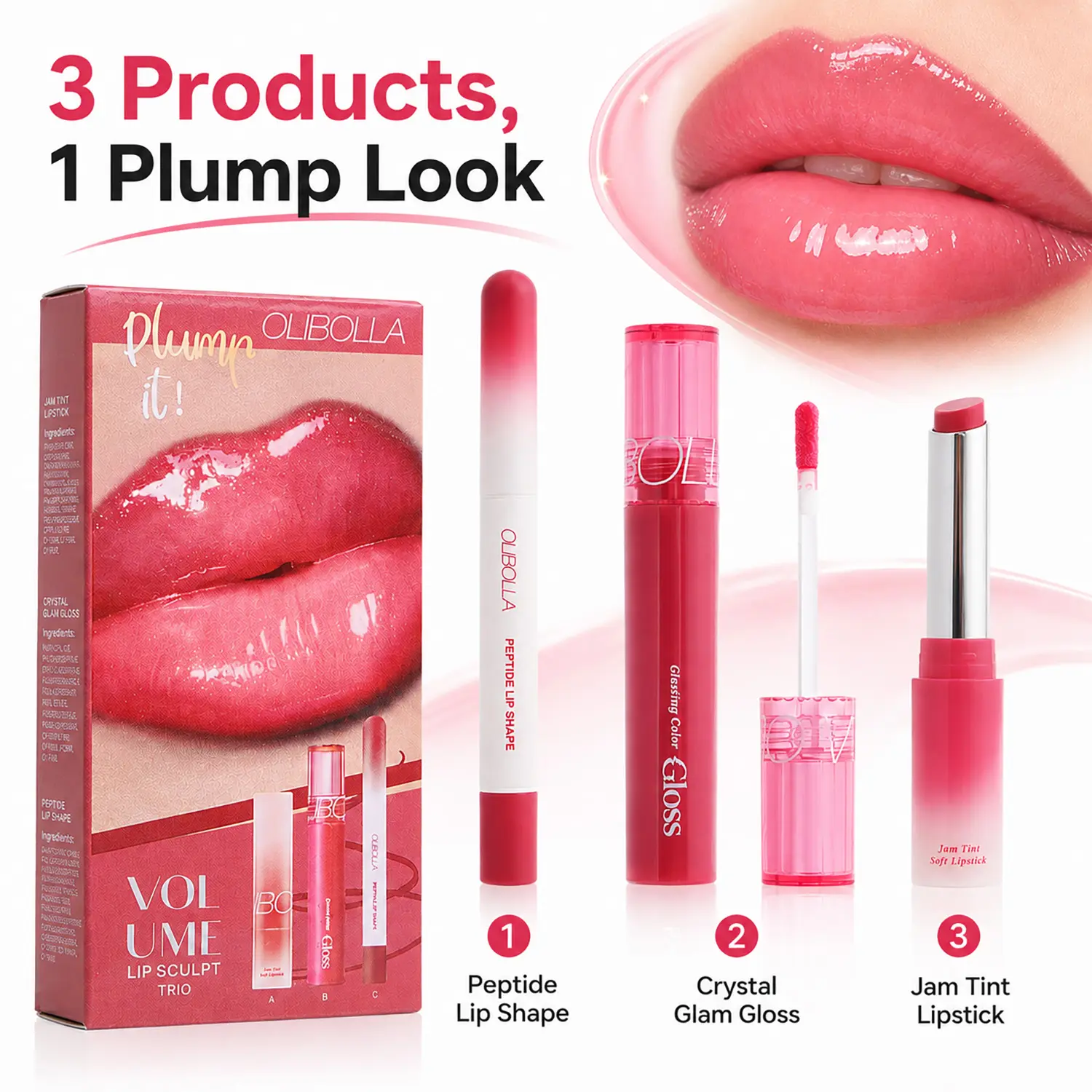 Glossy Lip Makeup Trio – 3-Piece Lip Color Set with Liner, Lip Tint & Cream Lipstick for Defined Lips
