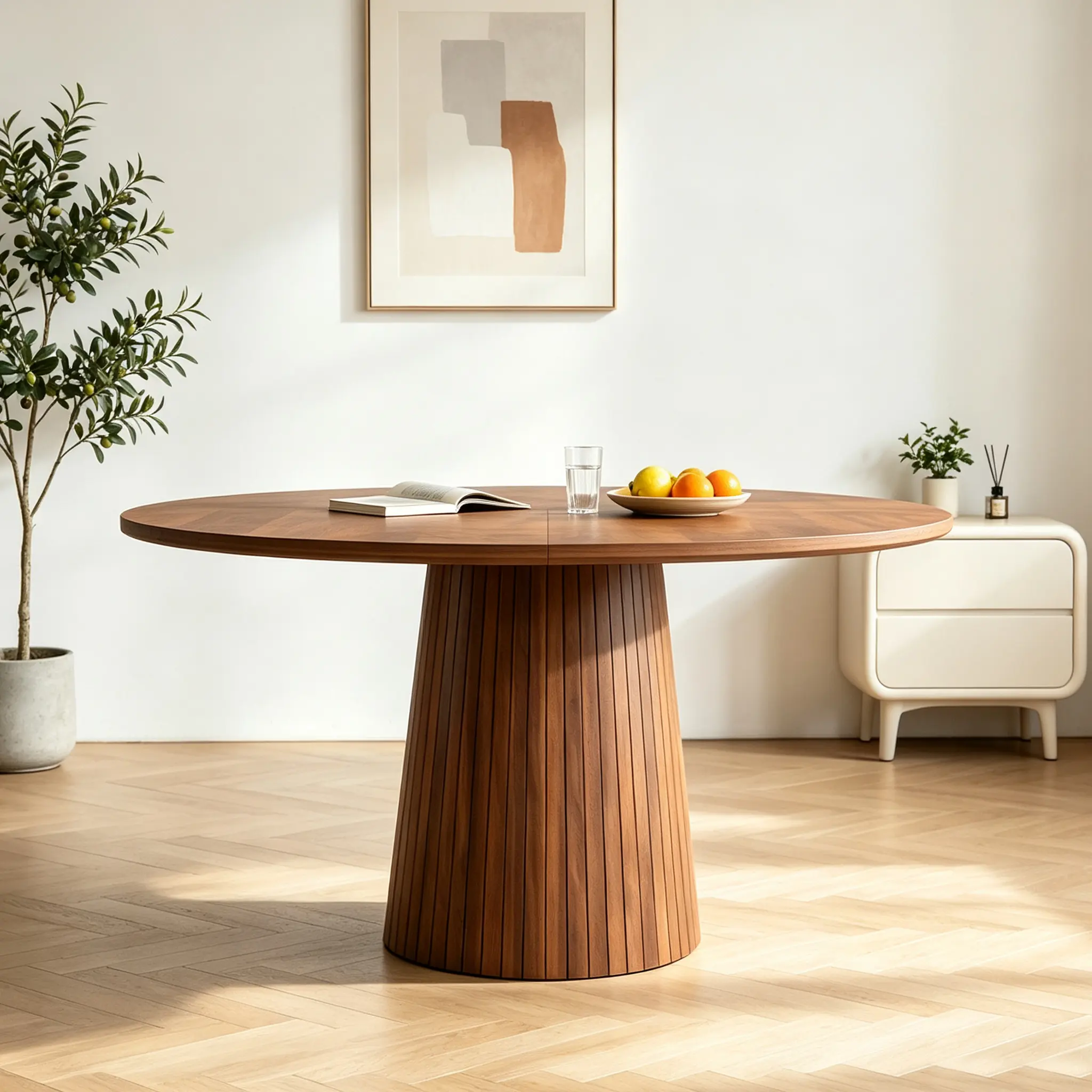 Modern 47-Inch Round 4-Seat Dining Table, Rustic Farmhouse Kitchen Table with Wood Strip Base, Space-Saving Circle Table for Apartment, Walnut Finish