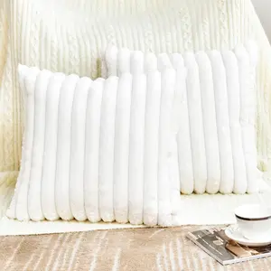 Throw Pillow Covers Decorative Faux  Set of 2 18x18 Inch Pillow Covers, Soft Cream White Striped Pillowcases for Couch Sofa Bed Living Room, Fluffy Cute  Boho Accent Fuzzy Decor