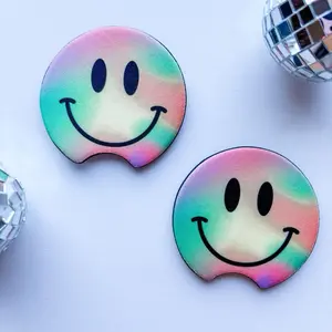 Smile Rainbow Face Car Coaster Set - Vibrant Gradient Design for Car Accessories