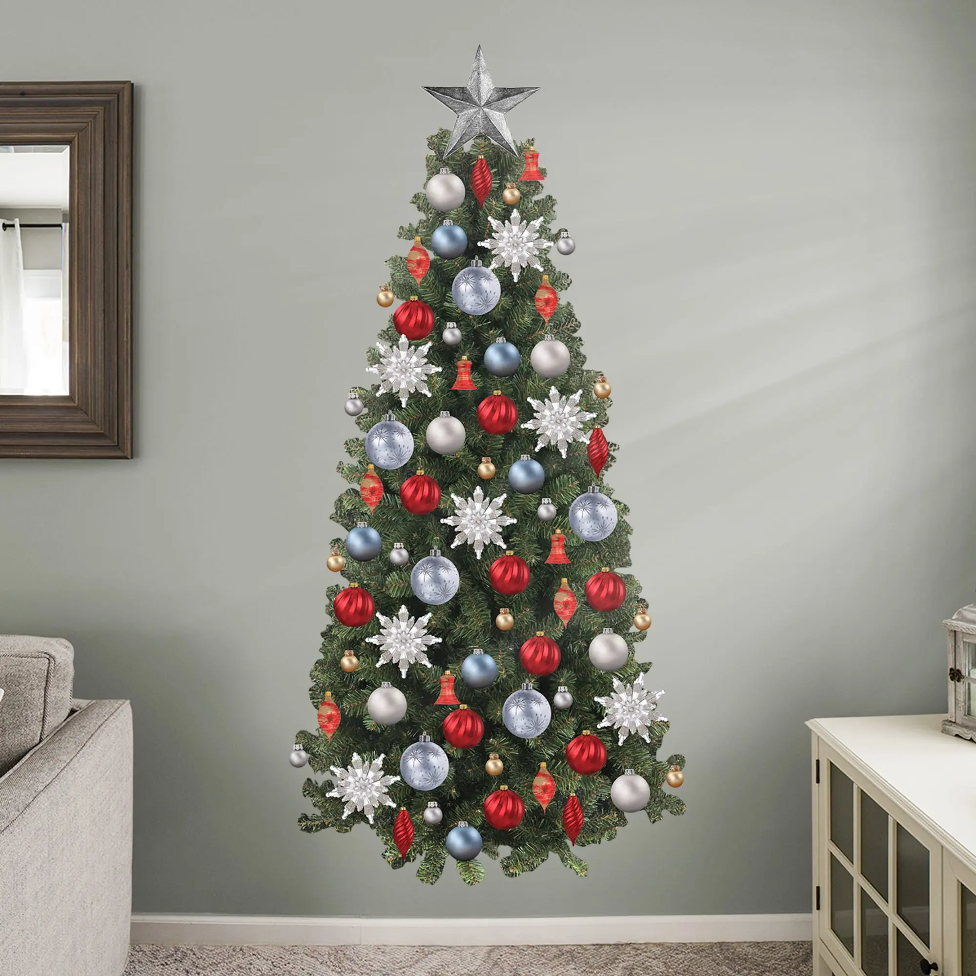 High-Grade Vinyl Christmas Tree Wall Stickers - Glueless Wall Decal, Removable Adhesive, Star Ornaments, Fade Resistant, Indoor Home Decor Supplies for All Ages & Family, Smooth, Indoor Use