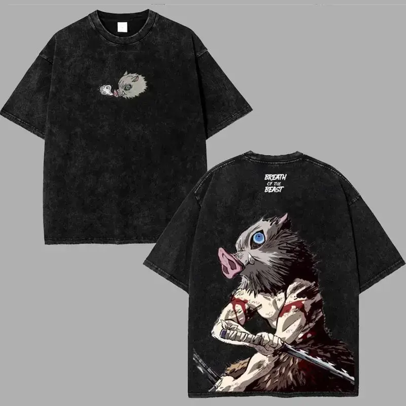 Oversized Inosuke Graphic T-Shirt, Unisex 90s Style Anime Top in Heavyweight 230gsm Acid Washed Cotton, Tshirt, Streetwear, Baggy, Fabric, Apparel, Shortsleeve, Round Neck, Classic, Soft, Stylish, Menswear, Printed Graphic