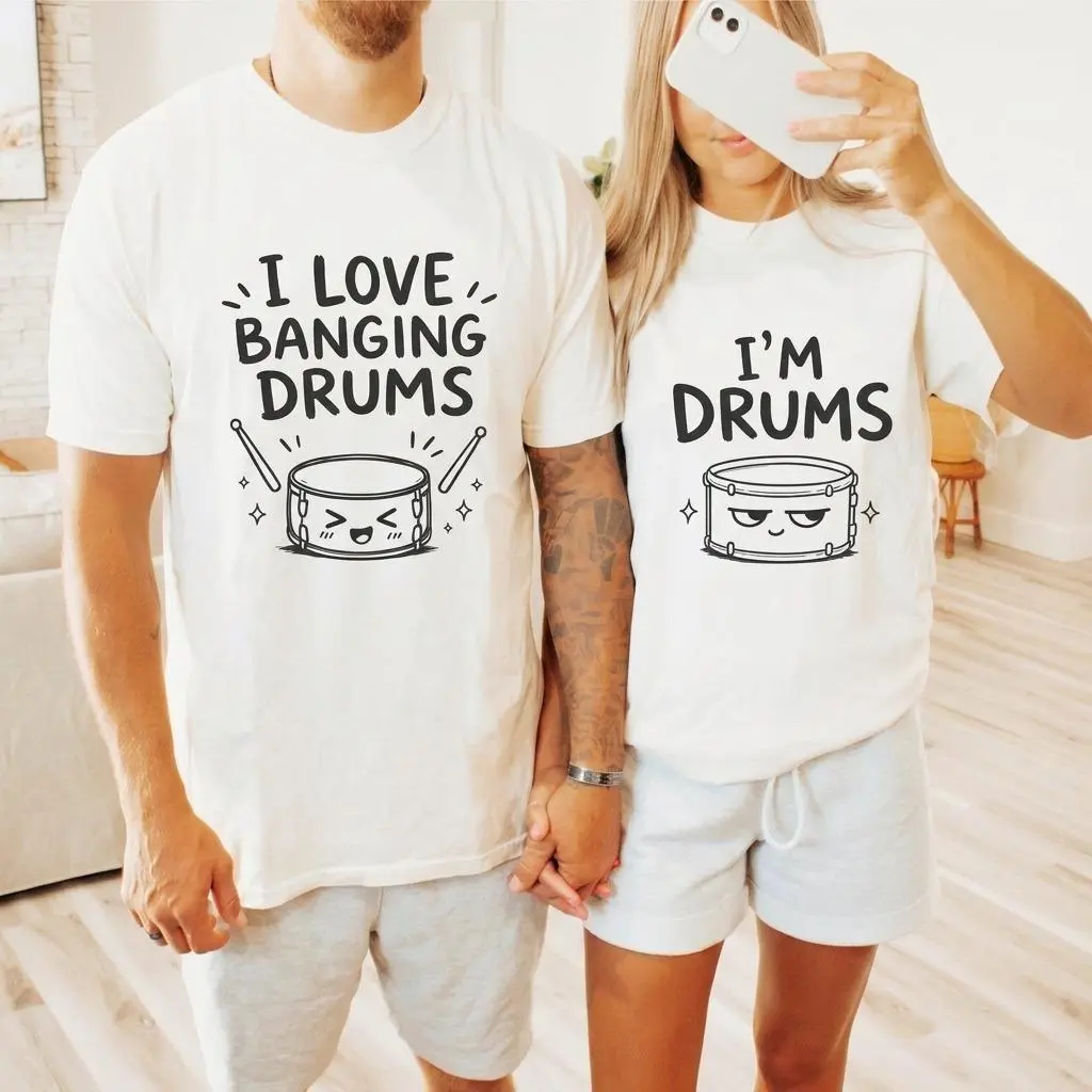 I Love Banging Drums Im Drums Matching Couple Shirts, Funny Graphic Tee Outfits for Couples, Soft Cotton Unisex Matching T-Shirts Set, Trendy Streetwear Outfit