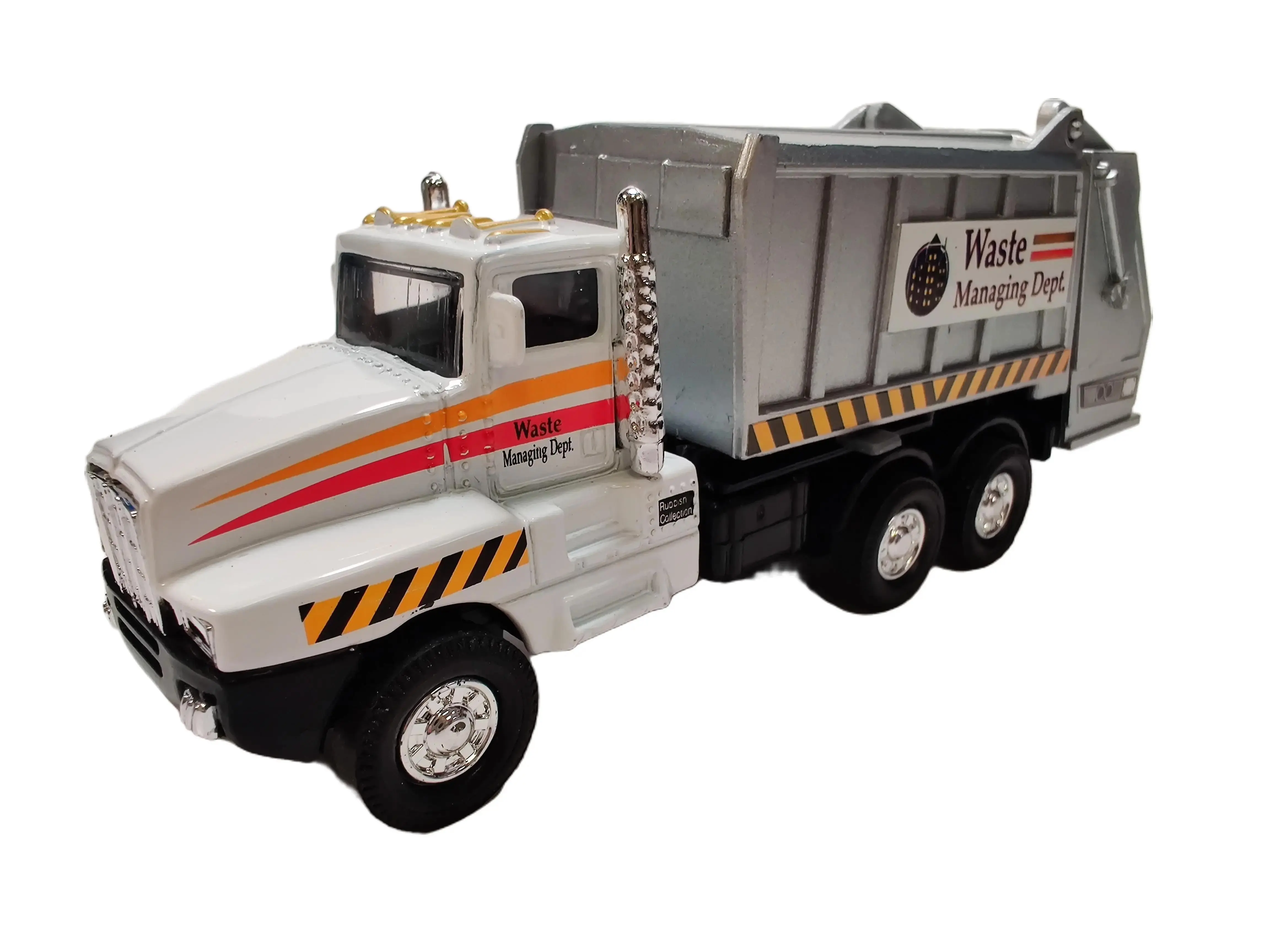 SHING FAT 6" City Garbage Truck, Pull Back Action, Die Cast Metal and Plastic, White