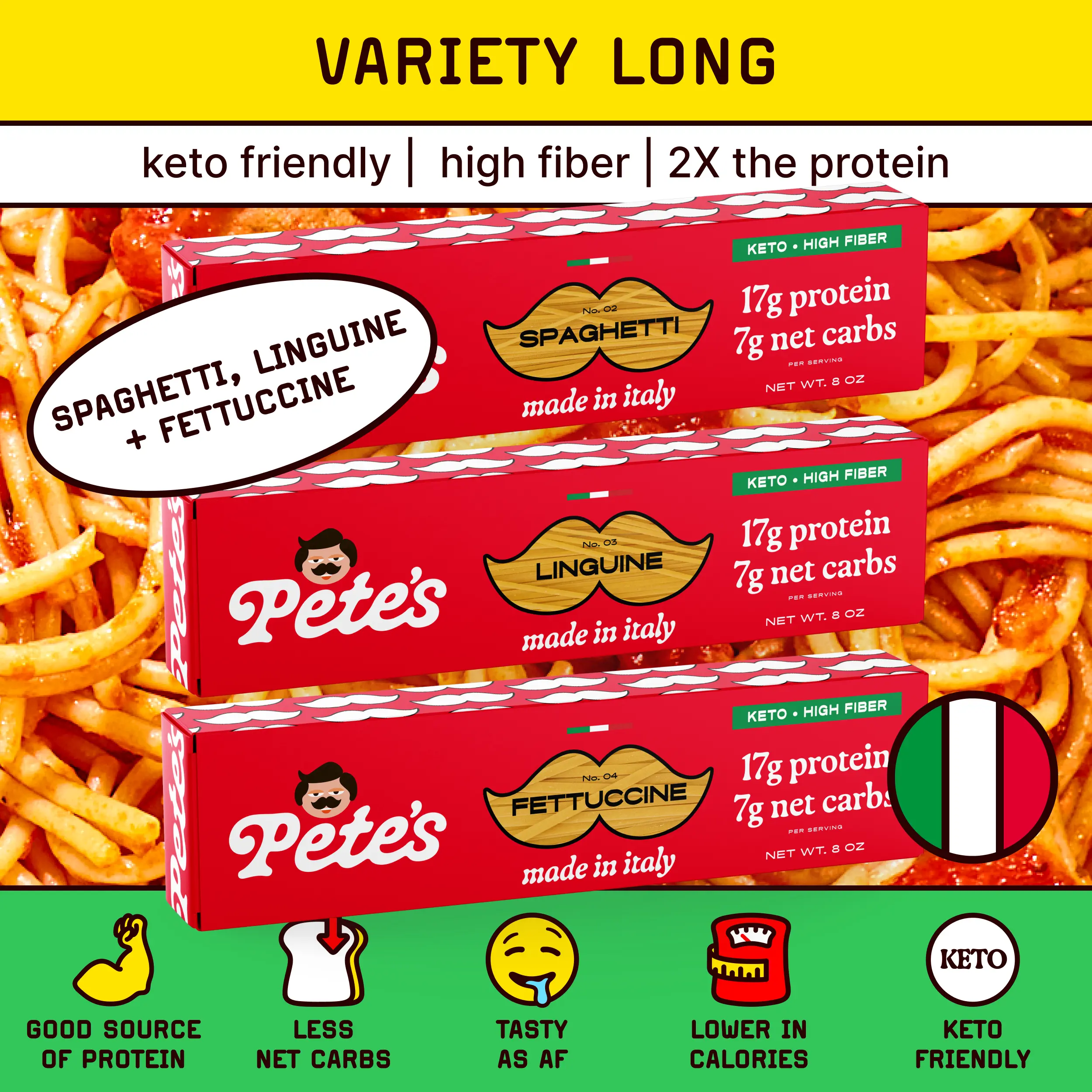 Variety Pack – Spaghetti, Fettuccine & Linguine – Protein-Packed, Less Carbs | Pete’s Protein Pasta
