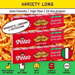 Pete’s Protein Pasta Variety Pack – Spaghetti, Fettuccine & Linguine – Protein-Packed, Less Carbs