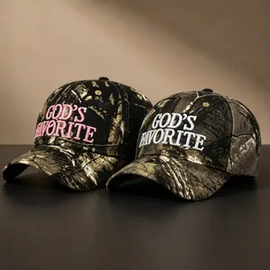 'GOD'S FAVORITE' White Embroidery Camo Baseball Cap, Unisex Adjustable Sun Protectio Hat, Outdoor Travel Camouflage Headwear