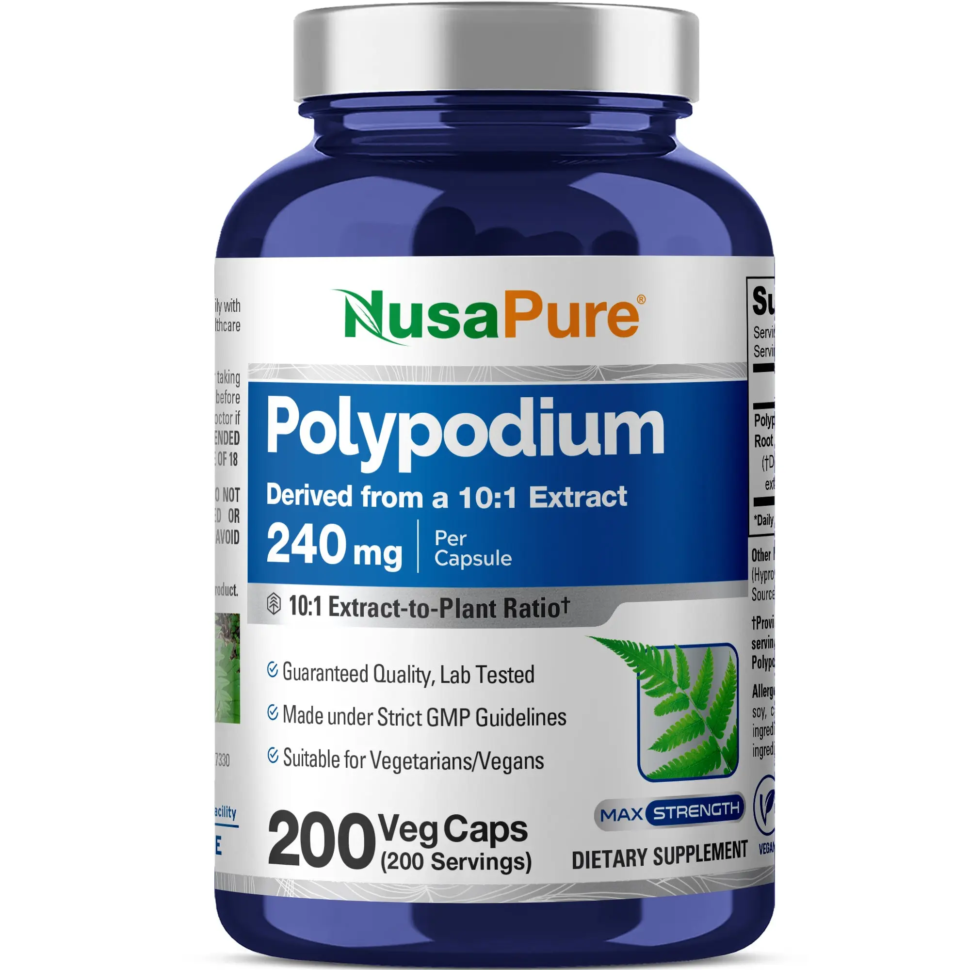 NusaPure Polypodium Leucotomos 10:1 Extract Dietary Supplement - 240mg, 200 Veggie Capsules (200 Servings), Antioxidant, Skin Health Support, Sun Protection, GMO-Free, Vegetarian/Vegan