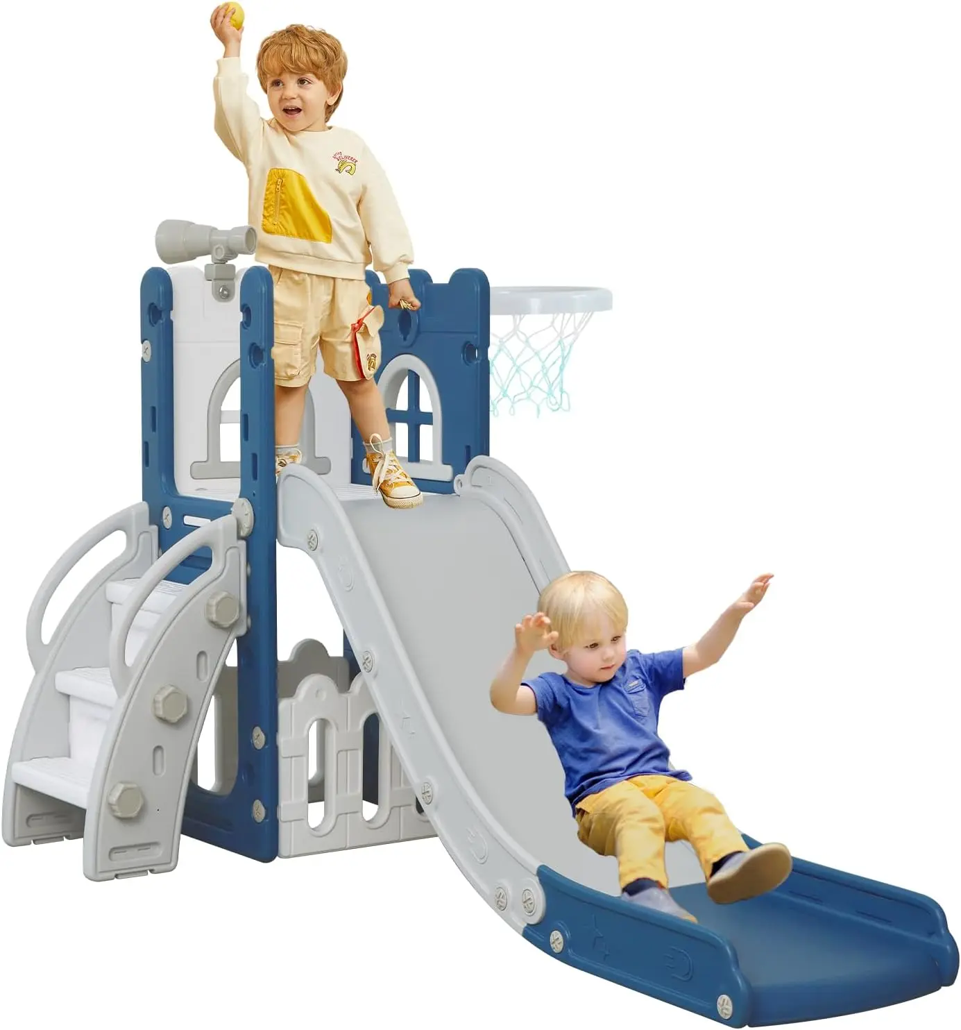 6 in 1 Toddler Slide,Kids Climber Slider for Indoor Outdoor Playground with Basketball Hoop,Storage and Telescope,L Shaped Slide for Toddler Climber Playset