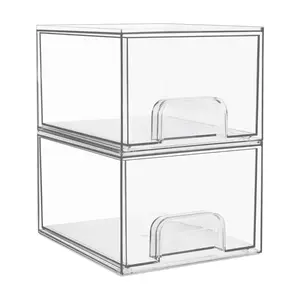 2 Pack Stackable Makeup Organizer Storage Drawers,4.4'' Tall Acrylic Bathroom Organizers ,Clear Plastic Storage Bins For Vanity Boxes