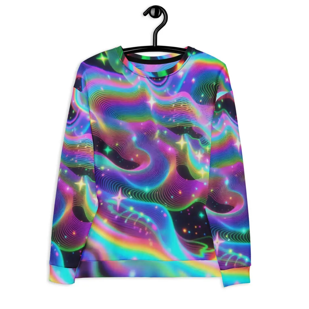 Holographic Aurora Galaxy Sweatshirt, Neon Rainbow Wave Print Crewneck, Iridescent Space Pullover, Unisex Long Sleeve Sweatshirt, Trendy Streetwear Top, Casual Fall Sweater, Gift for Her
