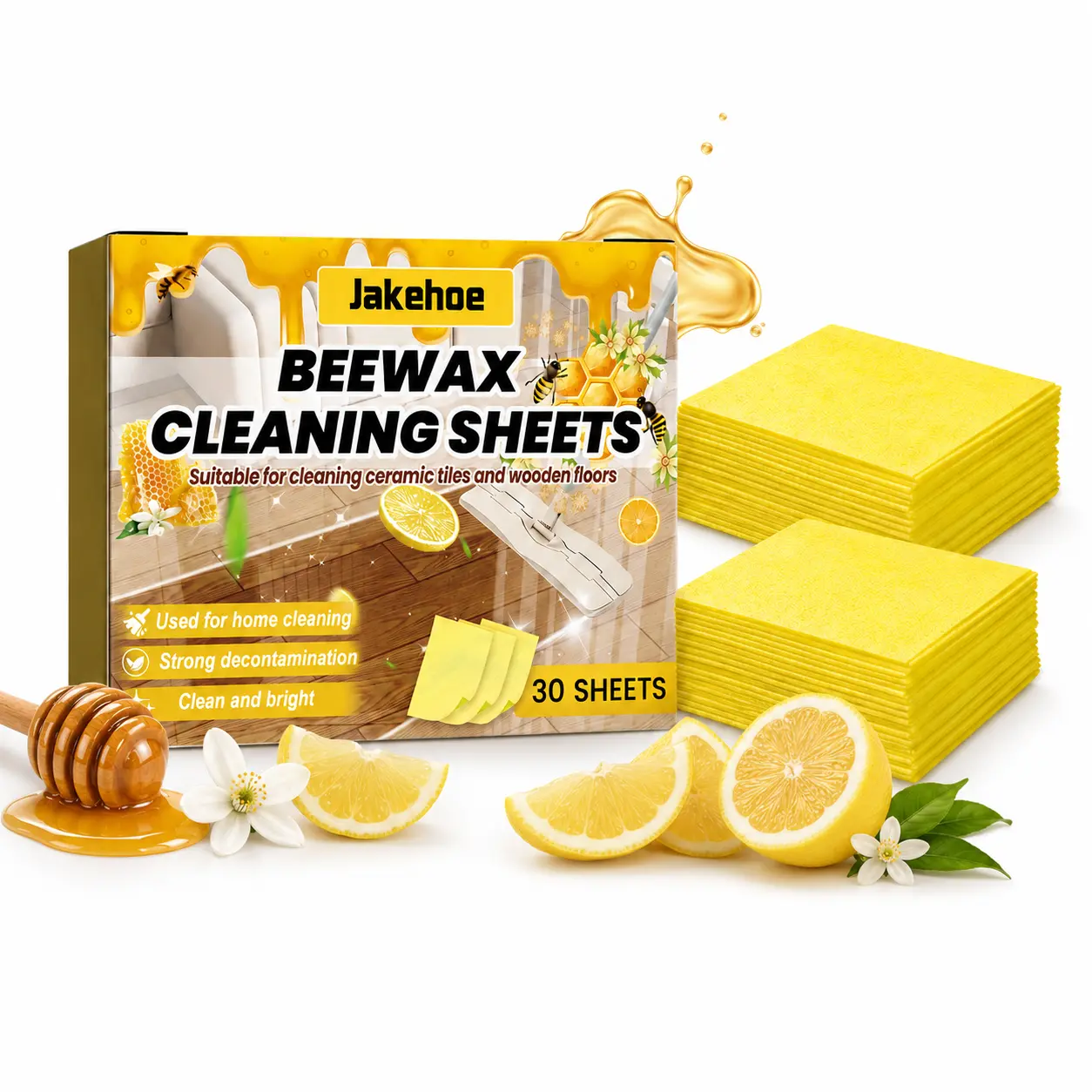 30PCS Pack Beeswax Floor Cleaning Sheets Lemon Scent Floor Cleaner with Eco Safe Materials Removes Grime and Odors Effectively Dries Quickly with No Residue for Household Wood and Tile Floor Cleaning