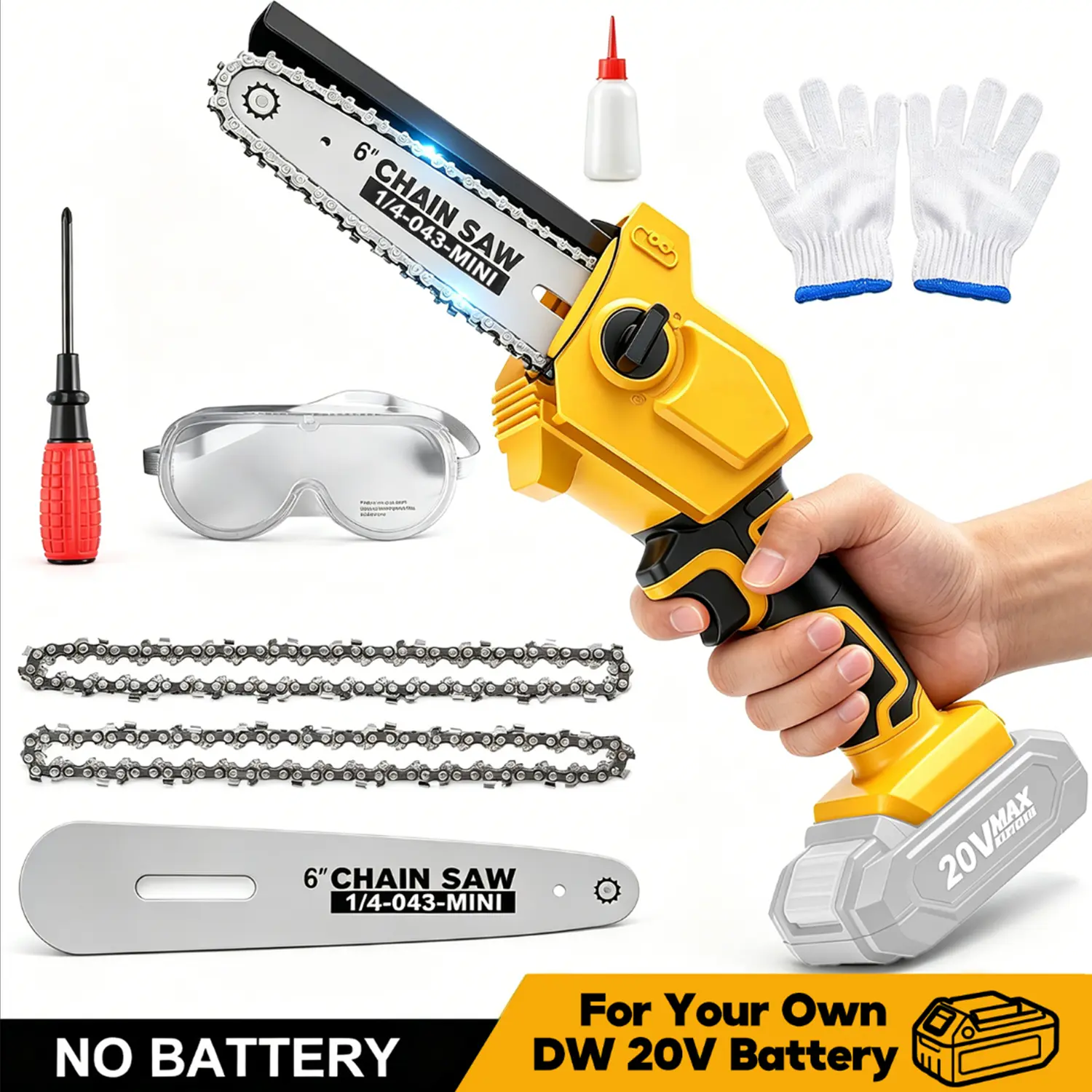 6 Inch Cordless Chainsaw for DeWalt 20V Battery, Lightweight Portable Mini 6'' Electric Chain Saw, Brushless Power Pruner,  Handheld Electric Power Chain Saw for Tree Trimming Wood Cutting (Tool Only)
