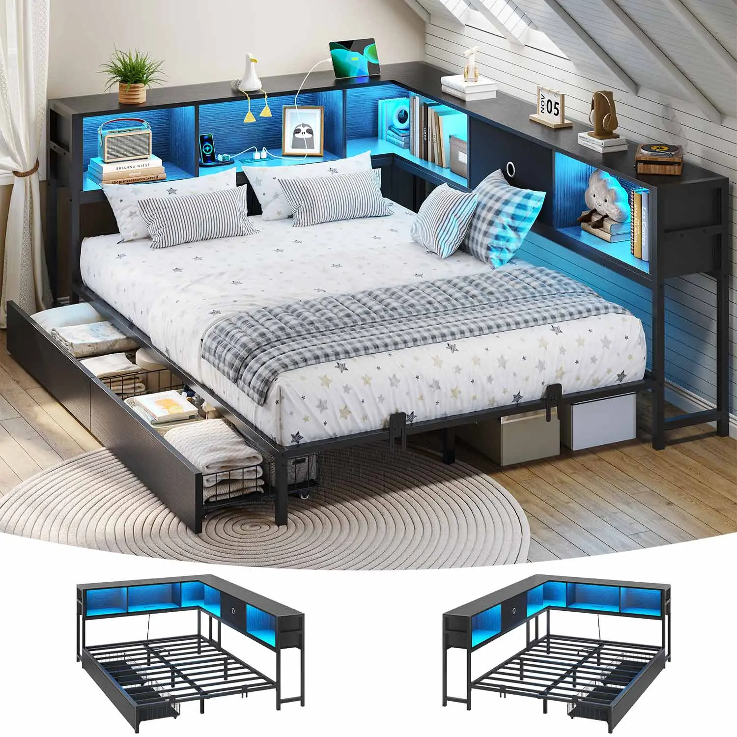 Full Size LED Daybed with Storage Drawers and Bookcase Headboard Black